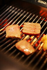 Grilled food cooking over glowing coals