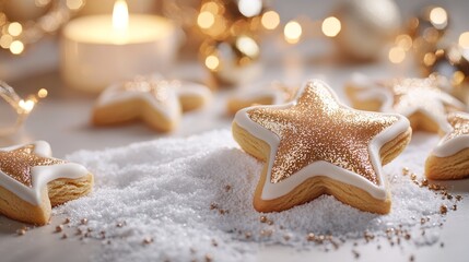 Shimmering gold star cookies resting on a bed of powdered sugar snow, illuminated by warm candlelight and festive holiday garlands
