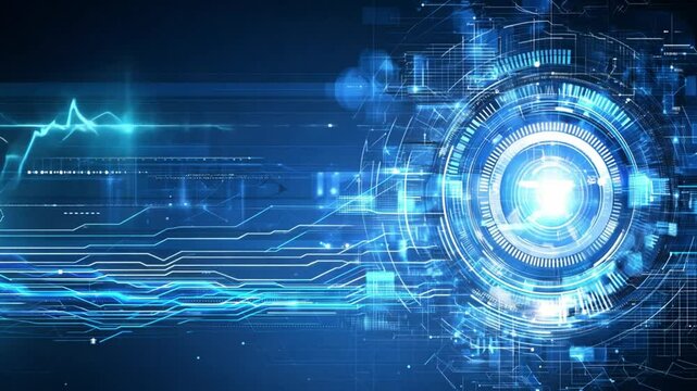 Abstract Blue Digital Technology Background with Glowing Circle and Data Streams