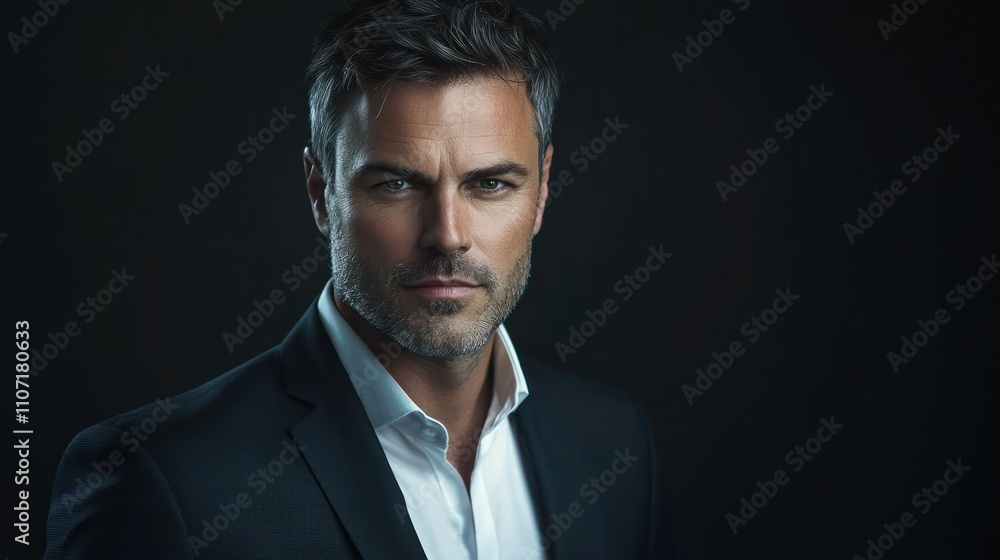 Poster a dynamic confident portrait of a man in a suit, looking directly at the camera with an assured expr