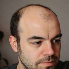 Obraz premium A close-up of a Caucasian man with a balding head, reflecting thoughtful engagement.