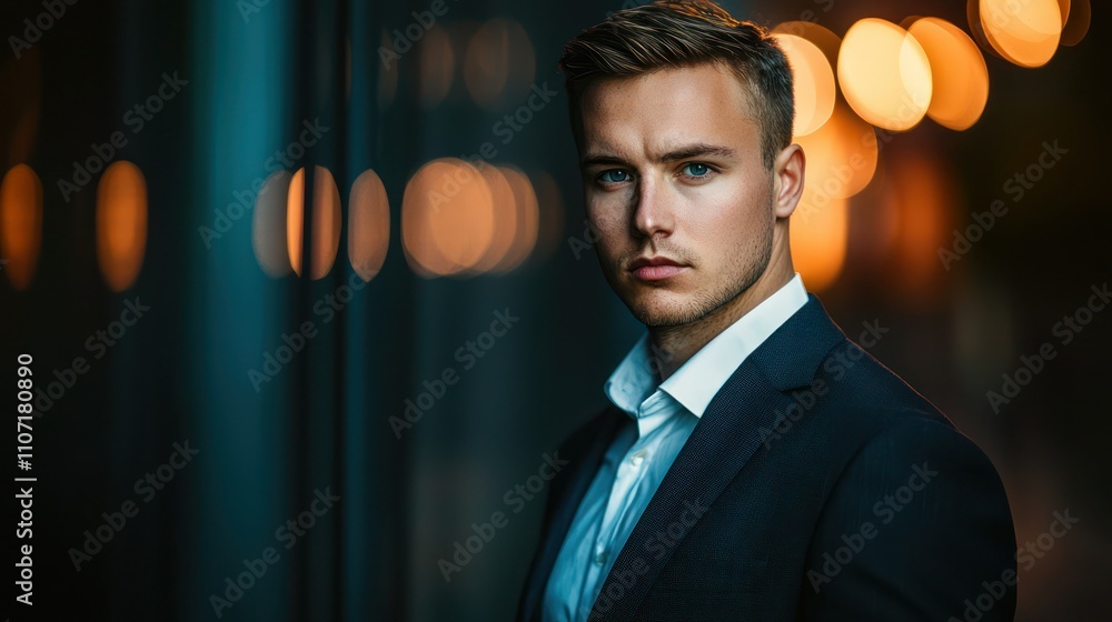 Poster a dynamic confident portrait of a man in a suit, looking directly at the camera with an assured expr