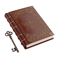 Fototapeta premium vintage leather bound book with ornate gold detailing and decorative key beside it evokes sense of mystery and history. isolated on transparent background