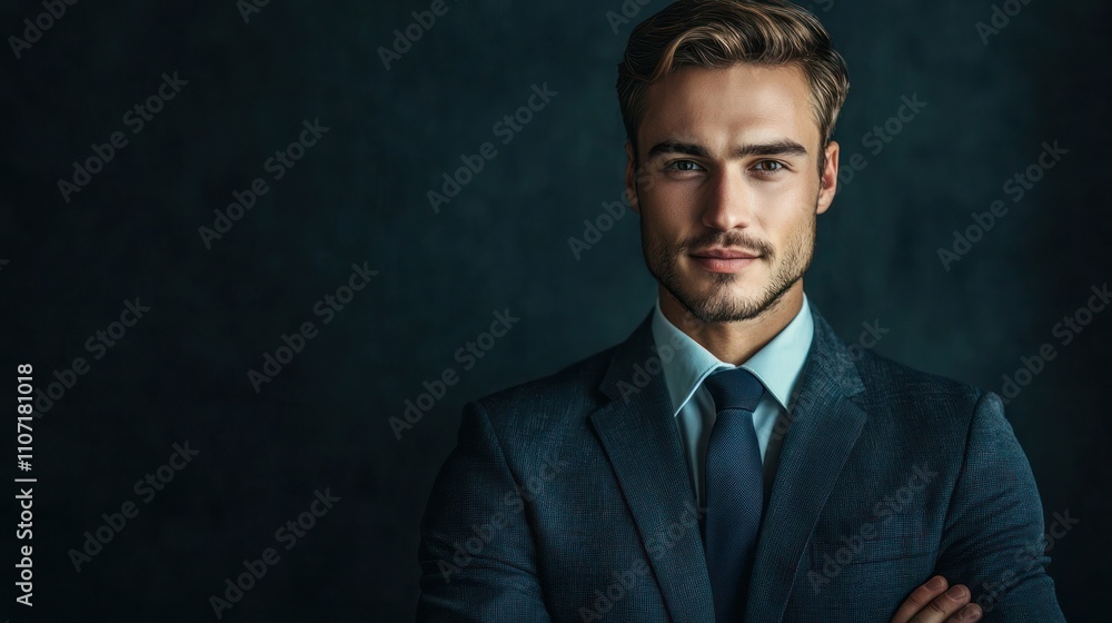 Poster a dynamic confident portrait of a man in a suit, looking directly at the camera with an assured expr