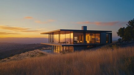 Obraz premium Modern glass house on hillside at sunset, overlooking city.