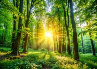 Obraz premium Tranquil Forest Scene with Soft Morning Light and Lush Greenery, Perfect for Relaxation and Nature Lovers, Featuring an Open Space for Text or Branding
