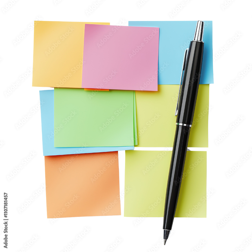 Poster colorful sticky notes and black pen arranged creatively on surface. perfect for brainstorming and or