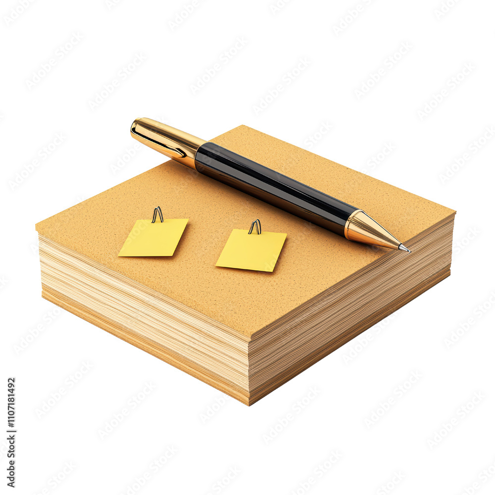 Poster black pen rests on stack of yellow sticky notes with two paper clips. ideal for office or study sett