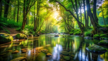 Tranquil Forest Stream in a Lush Green Wilderness with Clear Water and Serene Backwaters, Evoking Silence, Coolness, and Restful Peace in Nature's Embrace