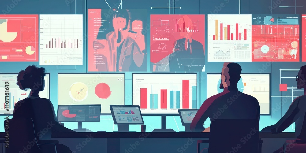 Poster a dynamic visual depicting a digital marketing team analyzing data on screens, a social media manage
