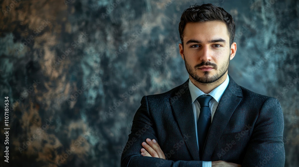 Poster a dynamic confident portrait of a man in a suit, looking directly at the camera with an assured expr