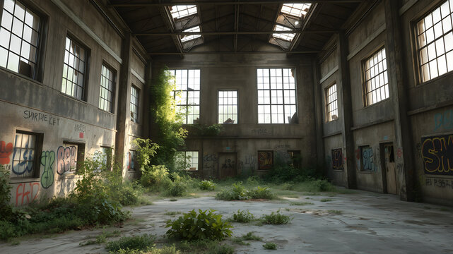 An abandoned industrial warehouse with broken windows, graffiti, and overgrown vegetation seeping in