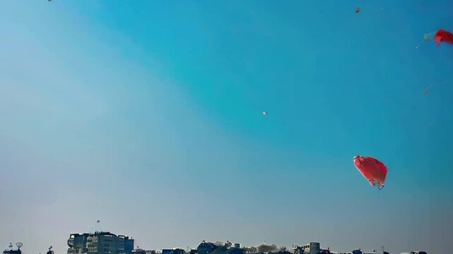 Colorful kites soaring high above sky on holiday composition