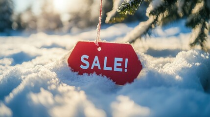 Red sale tag in snowy winter scene.