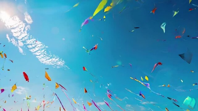 Colorful kites soaring high above sky on holiday composition