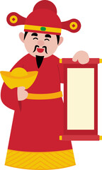 Chinese god of wealth holding blank scroll flat vector stock illustration.
Happy Chinese new year. 
Transparent background.