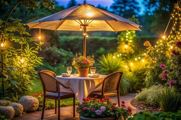 Obraz premium Tranquil Night Photography of a Garden Umbrella with Table Surrounded by Soft Lighting and Lush Greenery, Perfect for Outdoor Relaxation and Dining in a Serene Atmosphere