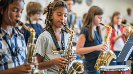 Students are practicing in the school band, playing instruments such as drums, trumpets and saxophones