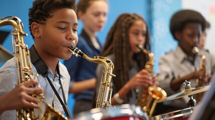 Students are practicing in the school band, playing instruments such as drums, trumpets and saxophones