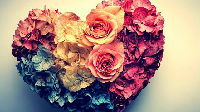 Floral heart arrangement showcasing roses and hydrangeas in vibrant colors for decorative purposes