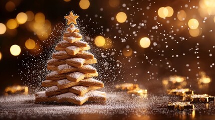 Stacked star gingerbread cookies in a tree shape, powdered sugar resembling snow, holiday decor around, soft warm glow of lights in the background