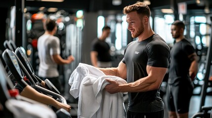 A fitness instructor handing out towels to gym members after a workout session.