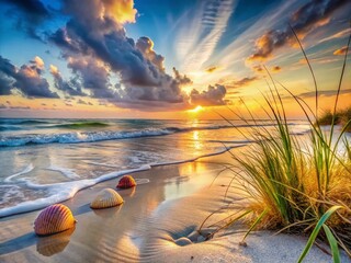 Obraz premium Tranquil Seascape at Dawn with Gentle Waves Lapping at the Shore, Capturing Serenity and Natural Beauty of Coastal Life in a High Depth of Field Setting