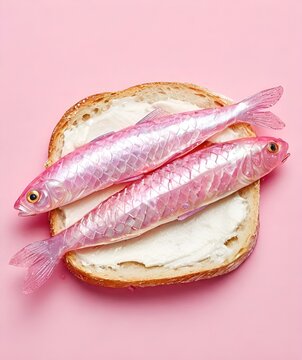 Pink background with fish sandwich, fish on a wooden board