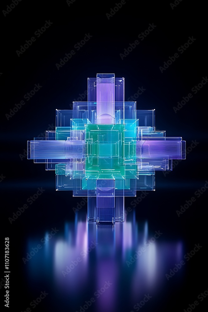 Poster abstract 3d geometric shape with colorful lights and reflections in dark background for digital art 