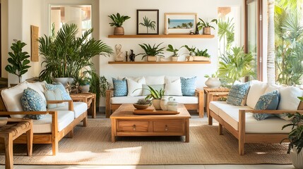 Fototapeta premium Tropical Brightness with Teak Furniture and Greenery