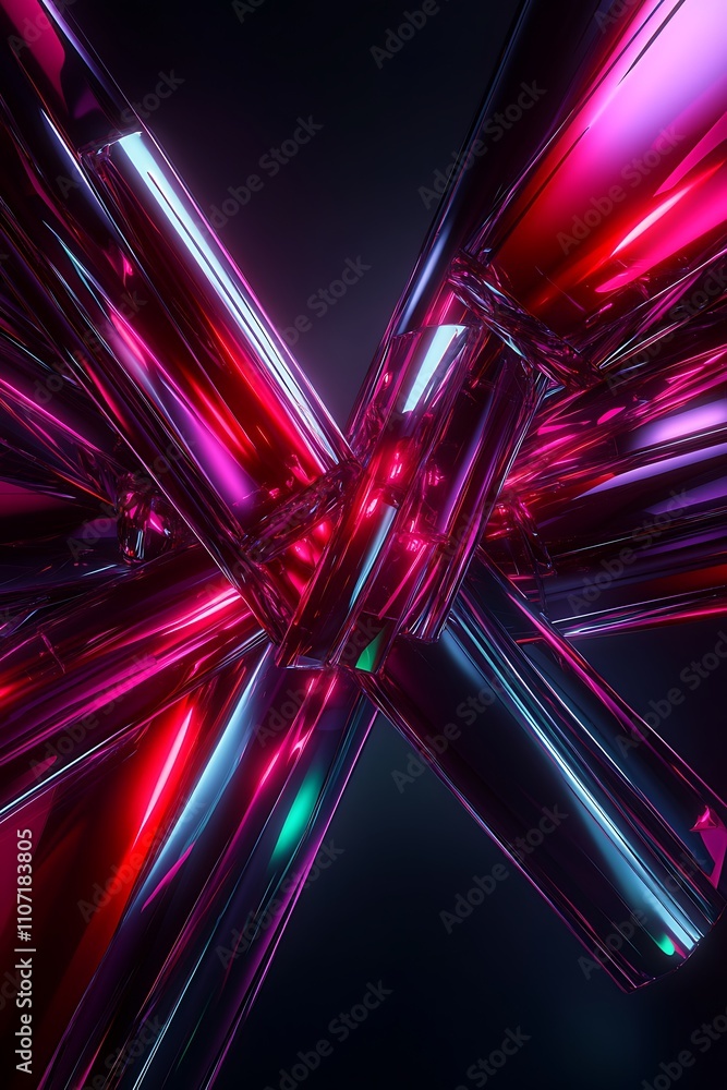 Poster abstract 3d rendering of colorful neon glass shapes intertwined in a dark background