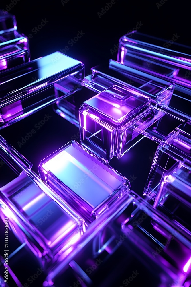 Poster abstract 3d rendering of shiny glass blocks with neon light reflections on dark background
