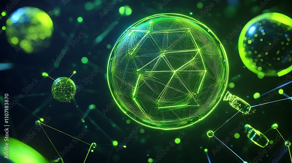 Poster abstract 3d representation of network connections and molecular structures in green light on dark ba