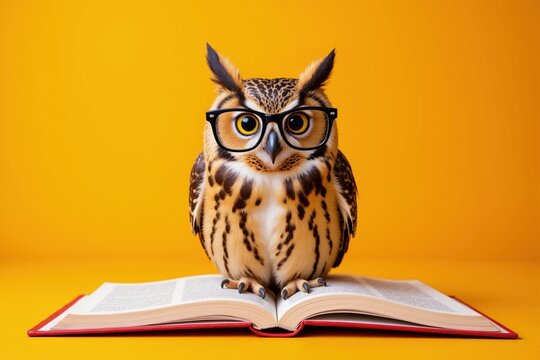 Wise owl wearing glasses on open book against bright yellow background.