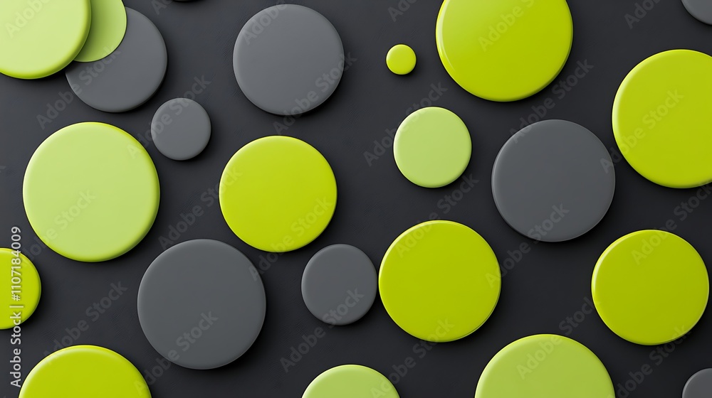 Poster abstract art with glossy green and gray circles on a textured black background for modern design con