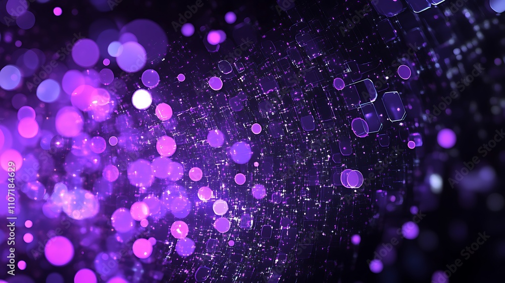 Poster abstract background with vibrant purple bokeh lights and sparkling glitter effect in motion
