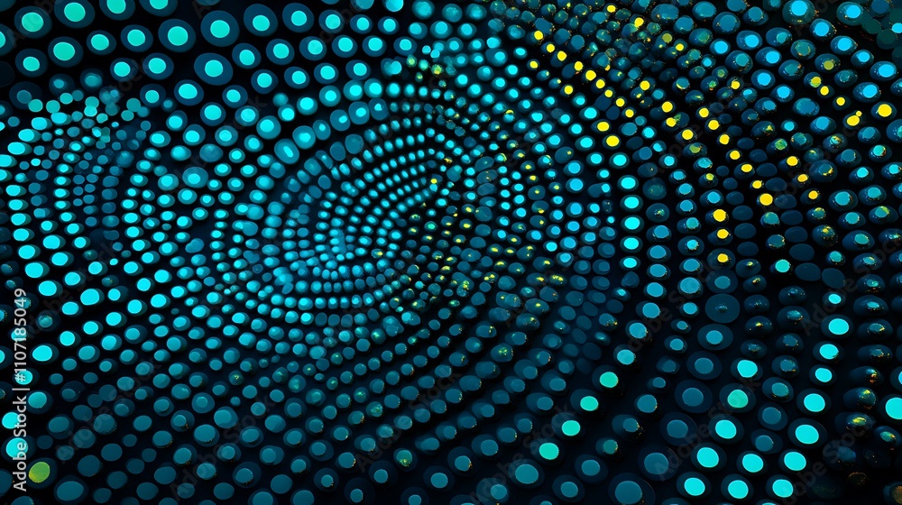 Poster abstract circular pattern with vibrant blue and yellow dots creating a spiraling effect in a dark ba