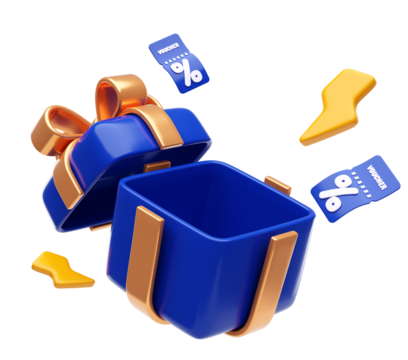 Open Empty Present Box With gold Ribbon and Vouchers 3D background illustration