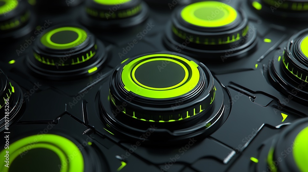 Poster abstract close-up of futuristic control panel with glowing green buttons and sleek black design