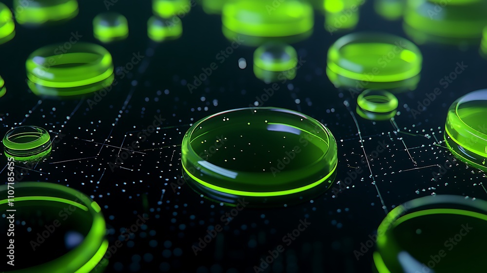 Poster abstract close-up view of green bubbles on a dark surface with glowing highlights and a futuristic d