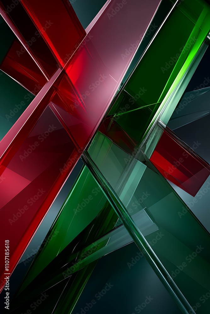 Poster abstract colorful composition of red and green transparent shapes with light reflections and depth d