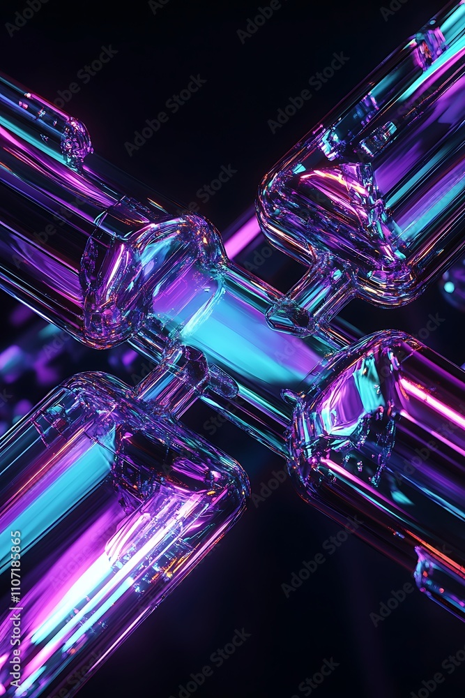 Poster abstract colorful glass structures with reflected light patterns and vibrant neon colors in dark bac