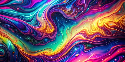 Abstract Neon Rainbow Liquid Marble Texture Background with Swirls and Waves, Holographic Psychedelic Pattern, Glitch Effect Ideal for Banners and Wallpapers in Low Light Photography