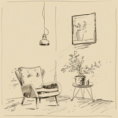 Hand drawn of interior drawing sketch art.