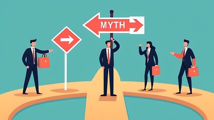 Fact vs Myth, truth or false information to make decision, belief or fiction to choose to believe, trustworthy, fraud or wrong direction concept, business people at Facts vs Myths directional sign