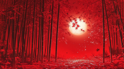 Red Moonlit Path Through Bamboo Forest &ndash; Eerie Landscape with Full Moon.