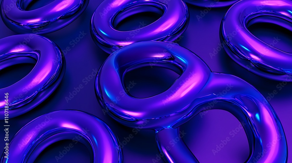 Poster abstract composition of glossy purple rings on a dark background with reflective surfaces and dynami