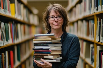 A knowledgeable woman stands in a library, holding a stack of books, embodying the pursuit of knowledge and learning while emphasizing the importance of education and intellectual exploration.