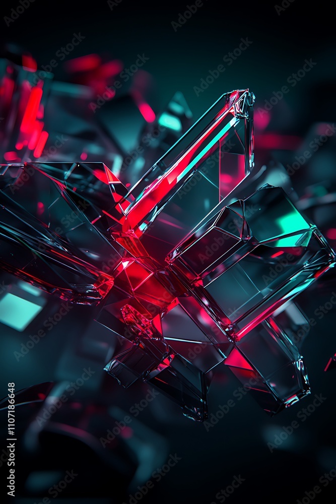 Poster abstract composition of shimmering red and blue glass fragments in a dynamic arrangement with depth 