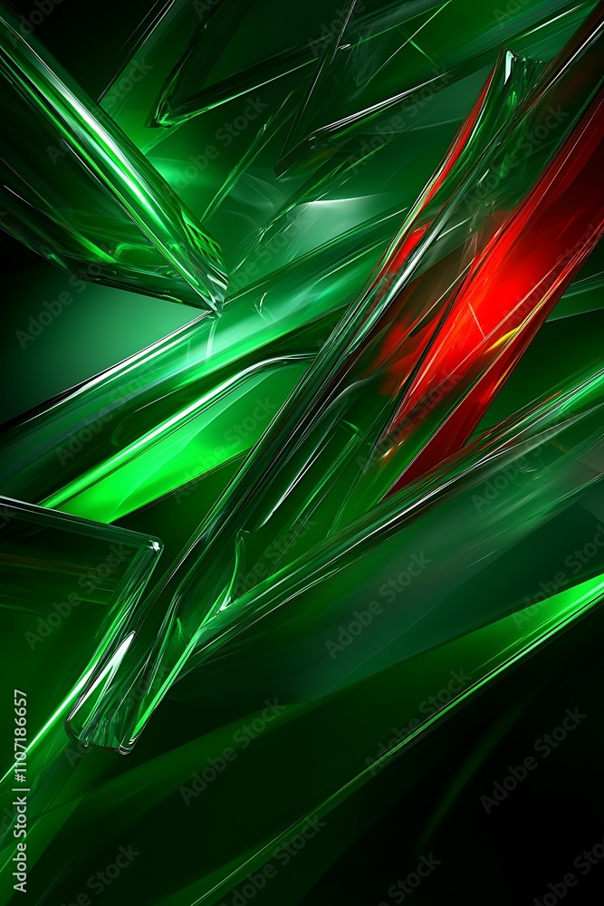 Poster abstract composition of green and red light reflections on sharp glass surfaces in dynamic flow desi